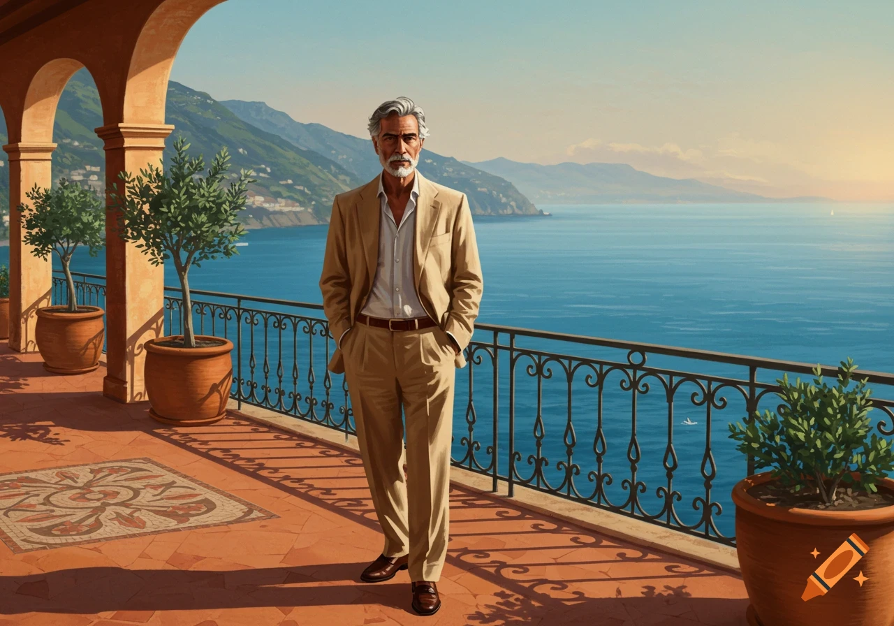 Illustrated man with gray hair in a tan suit standing on a balcony overlooking a vast blue sea and distant mountains.