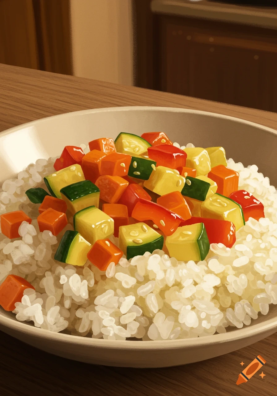 A digital art illustration of a bowl of white rice topped with colorful diced carrots, zucchini, and red bell peppers.