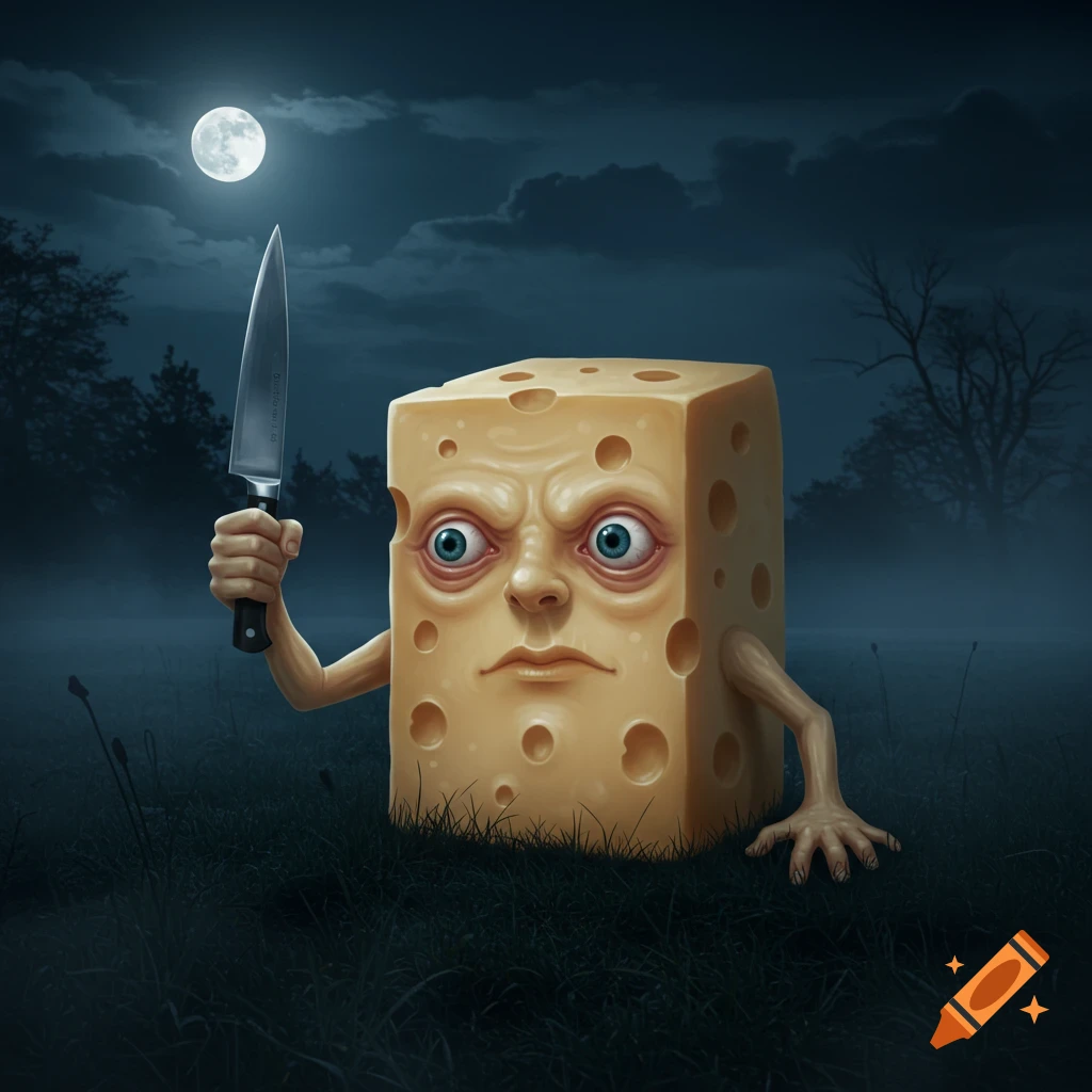 A block of cheese with a realistic human face, arms, and hands holds a large knife. It stands in a dark, foggy field under a full moon, with bare trees in the background. The cheese looks scary.