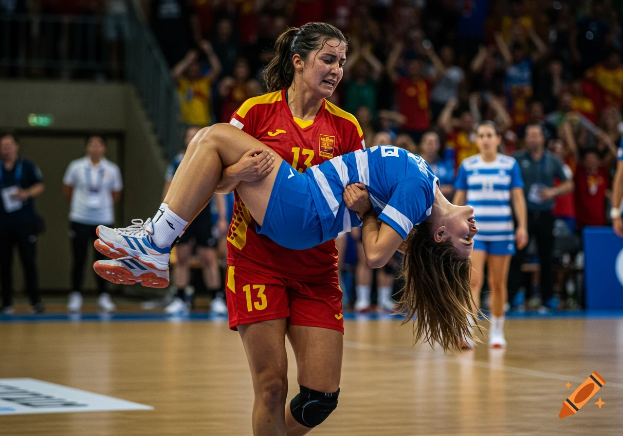 A female handball player in a red and yellow uniform carries a fainted teammate in a blue and white striped uniform off the court.
