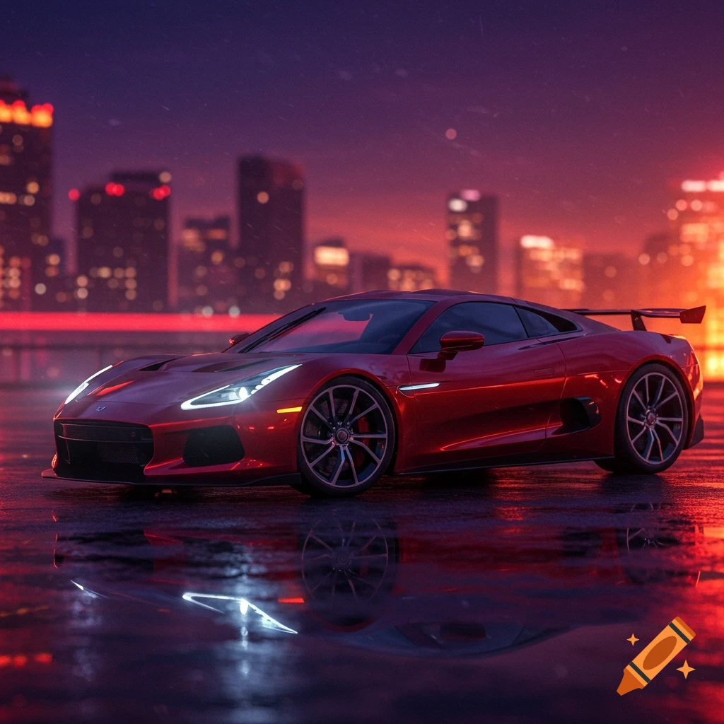 Red sports car with headlights on, reflecting on a wet surface, in a neon-lit city at night.