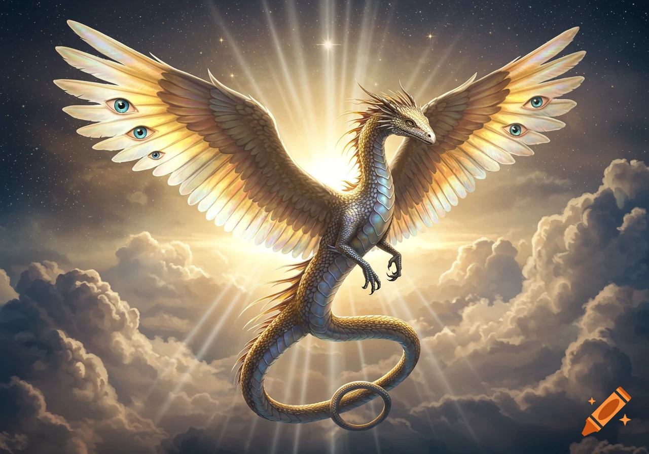 A golden pseudodragon with feathered wings covered in blue eyes, flying in a radiant sky with clouds and stars.