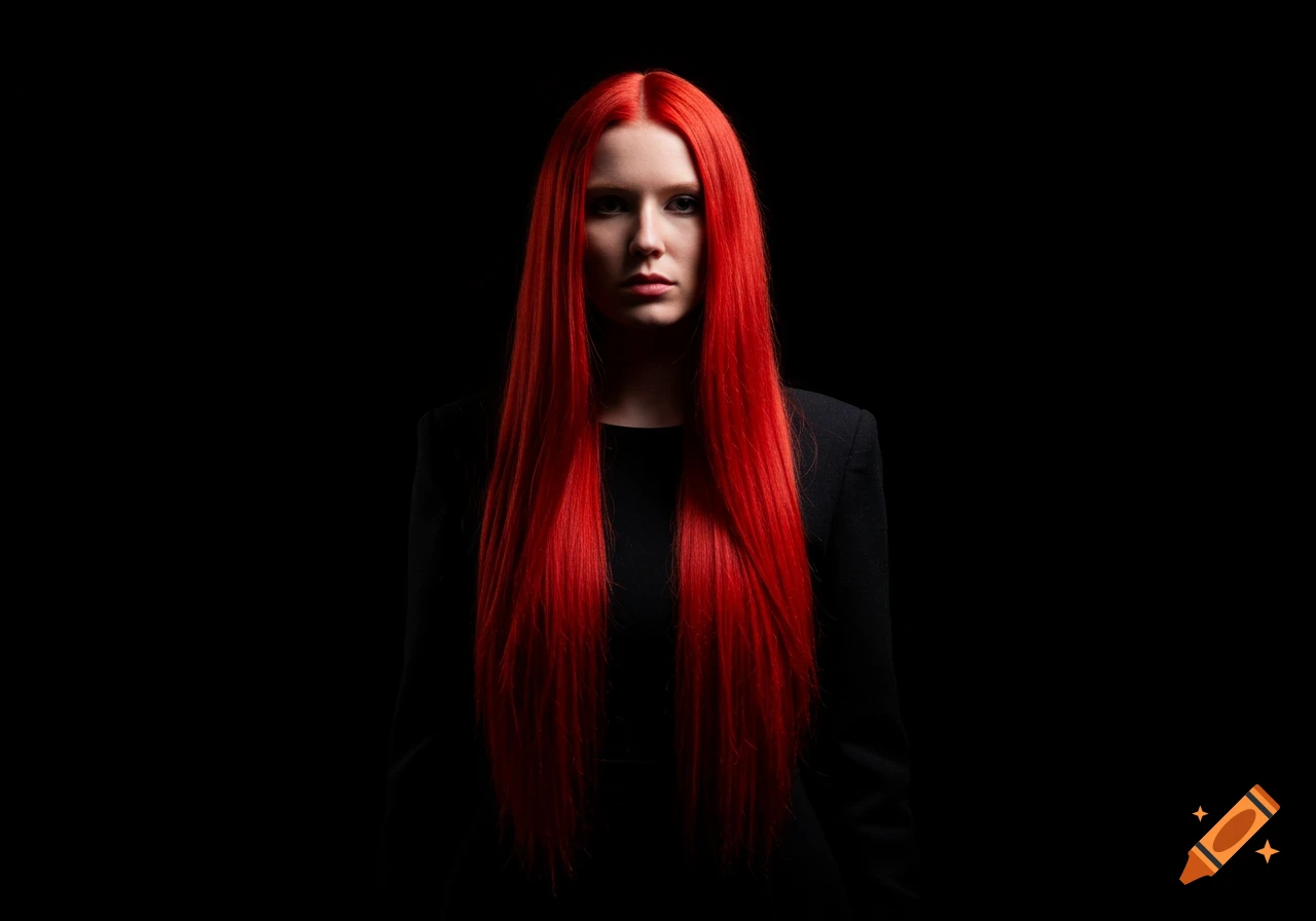 A serious woman with long, bright red hair wears a black top, standing against a dark background.
