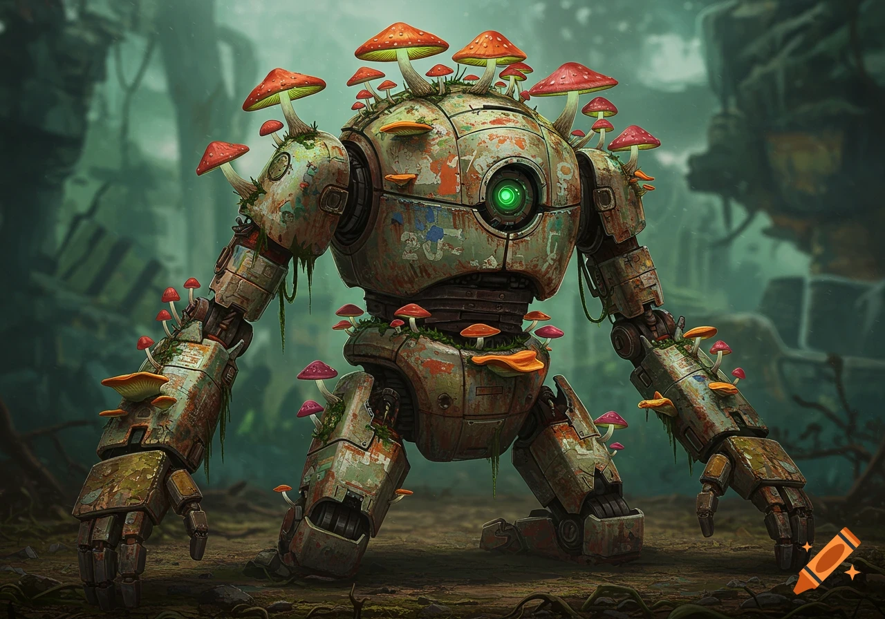 A rusty, overgrown robot covered in vibrant red, orange, and purple mushrooms stands in a dark, mossy environment.
