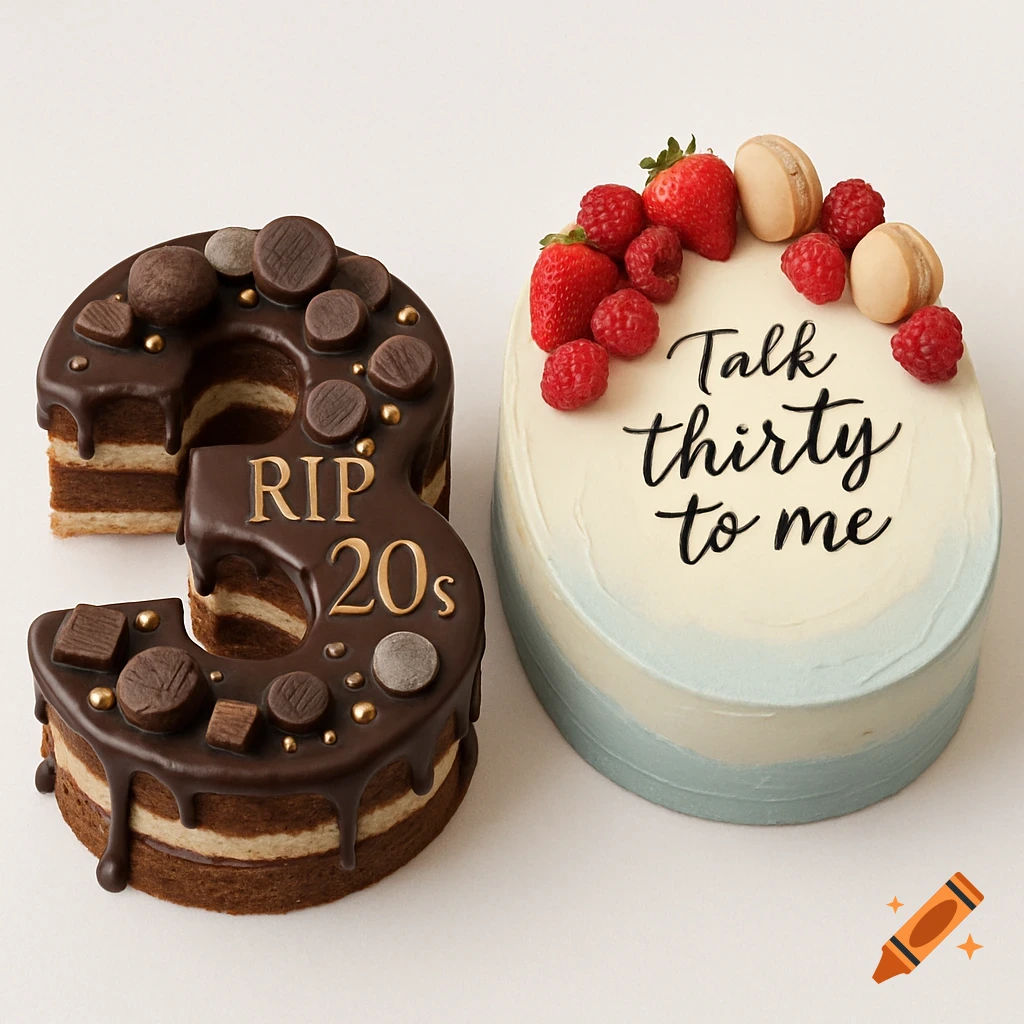 Two photorealistic cakes, one chocolate '3' saying 'RIP 20s' and one vanilla '0' with berries saying 'Talk thirty to me', on a white background.