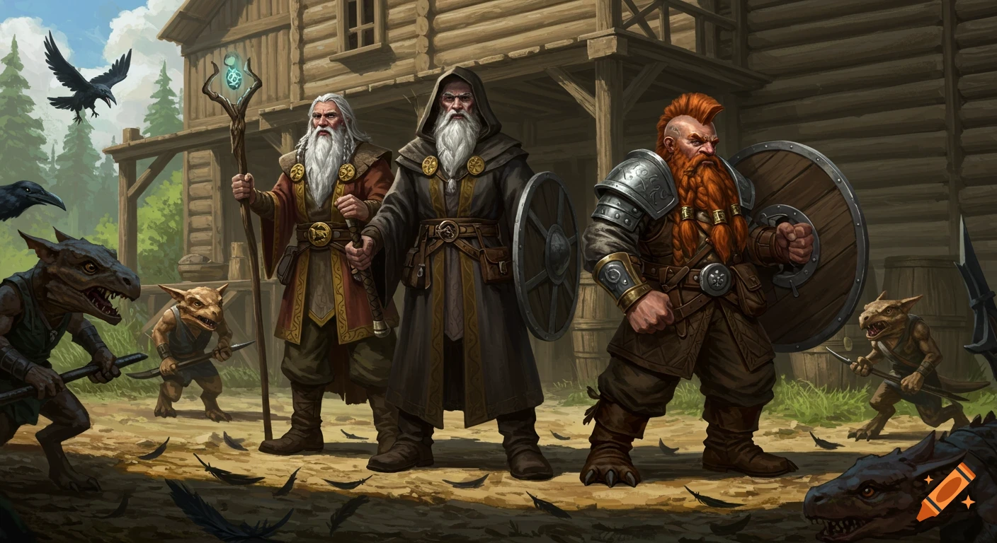 Three fantasy heroes "," an old druid, a solemn wizard, and a fierce dwarf warrior "," stand defensively before a wooden building as kobolds attack.
