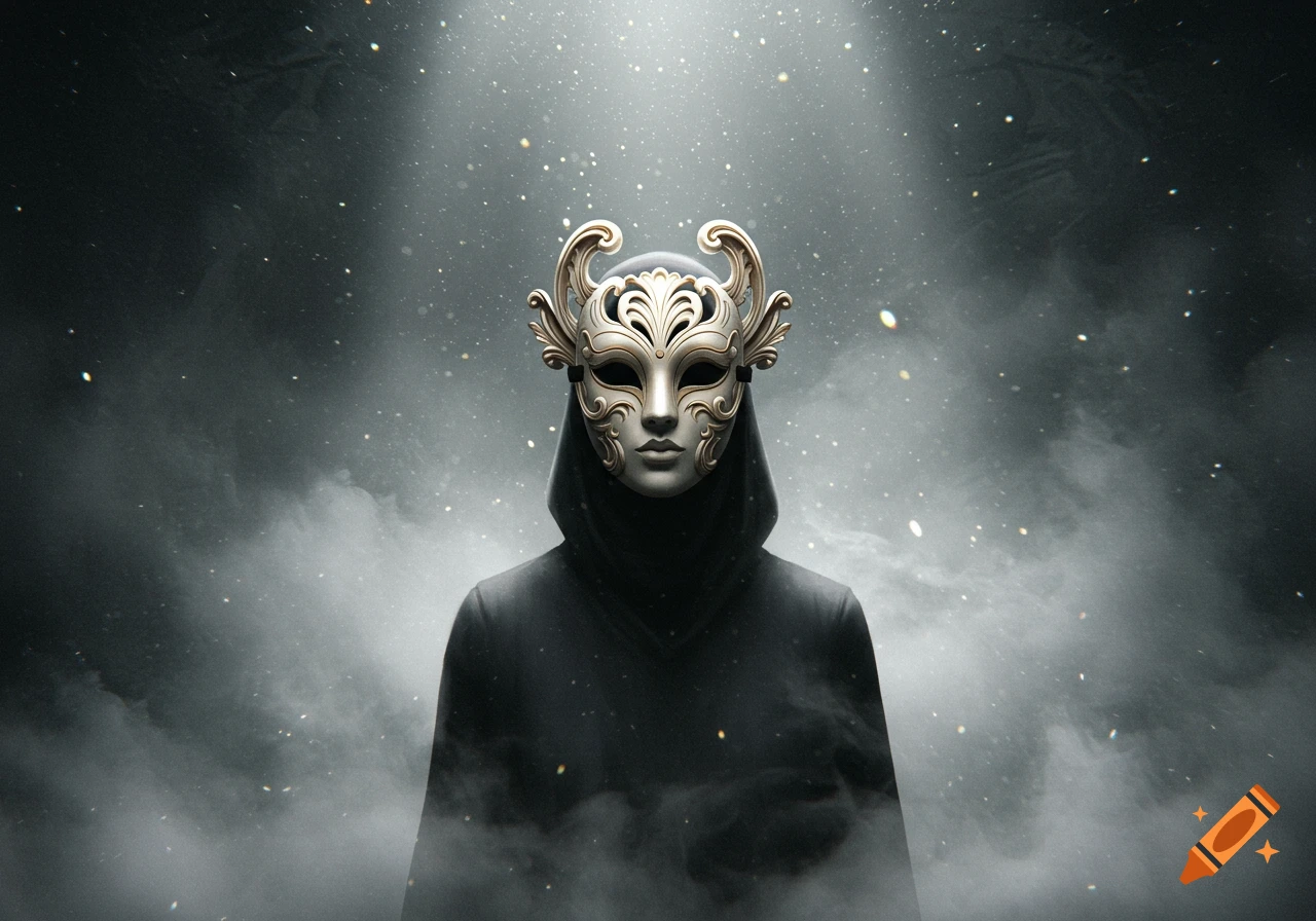A person in a dark hooded robe and an ornate ivory mask stands amidst a hazy, speckled background with a dramatic spotlight overhead.