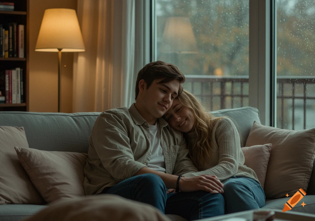 A young couple cuddles on a gray sofa in a cozy, softly lit living room on a rainy day, in a photorealistic style.