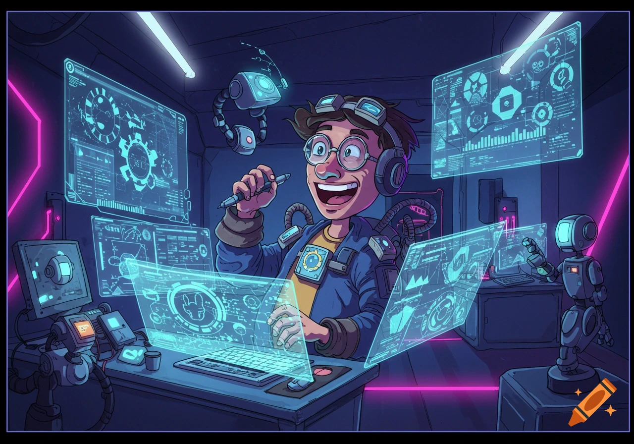 A happy, cartoon media technologist with goggles and headphones works on holographic screens in a futuristic, neon-lit room with a small robot.