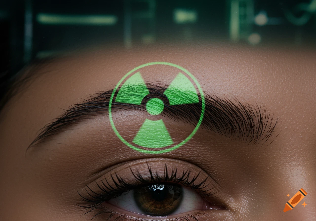 Close-up of a person's brown eye and eyebrow with a glowing green nuclear symbol projected onto the forehead.