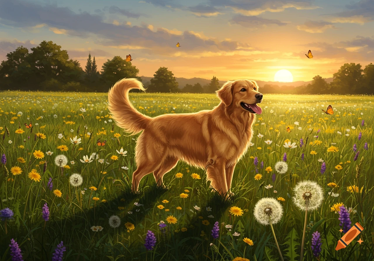 A happy golden retriever stands in a vibrant field of yellow, white, and purple wildflowers with butterflies, at sunset.
