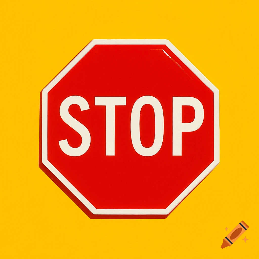 A red octagonal stop sign with white 'STOP' text, centered on a bright yellow background.