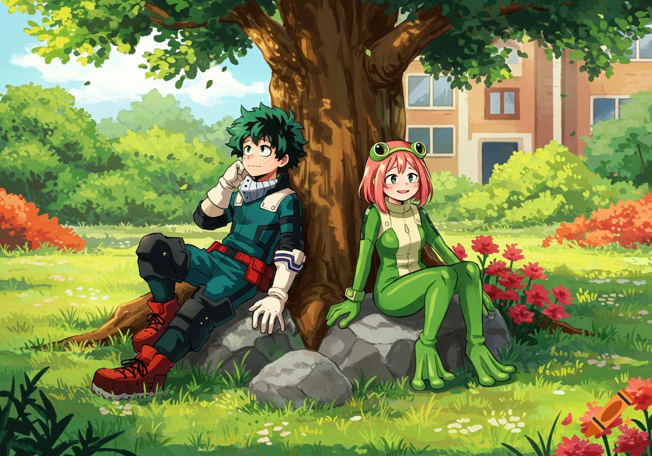 Anime characters Deku and Asui from My Hero Academia sit casually under a large tree in a vibrant green park.