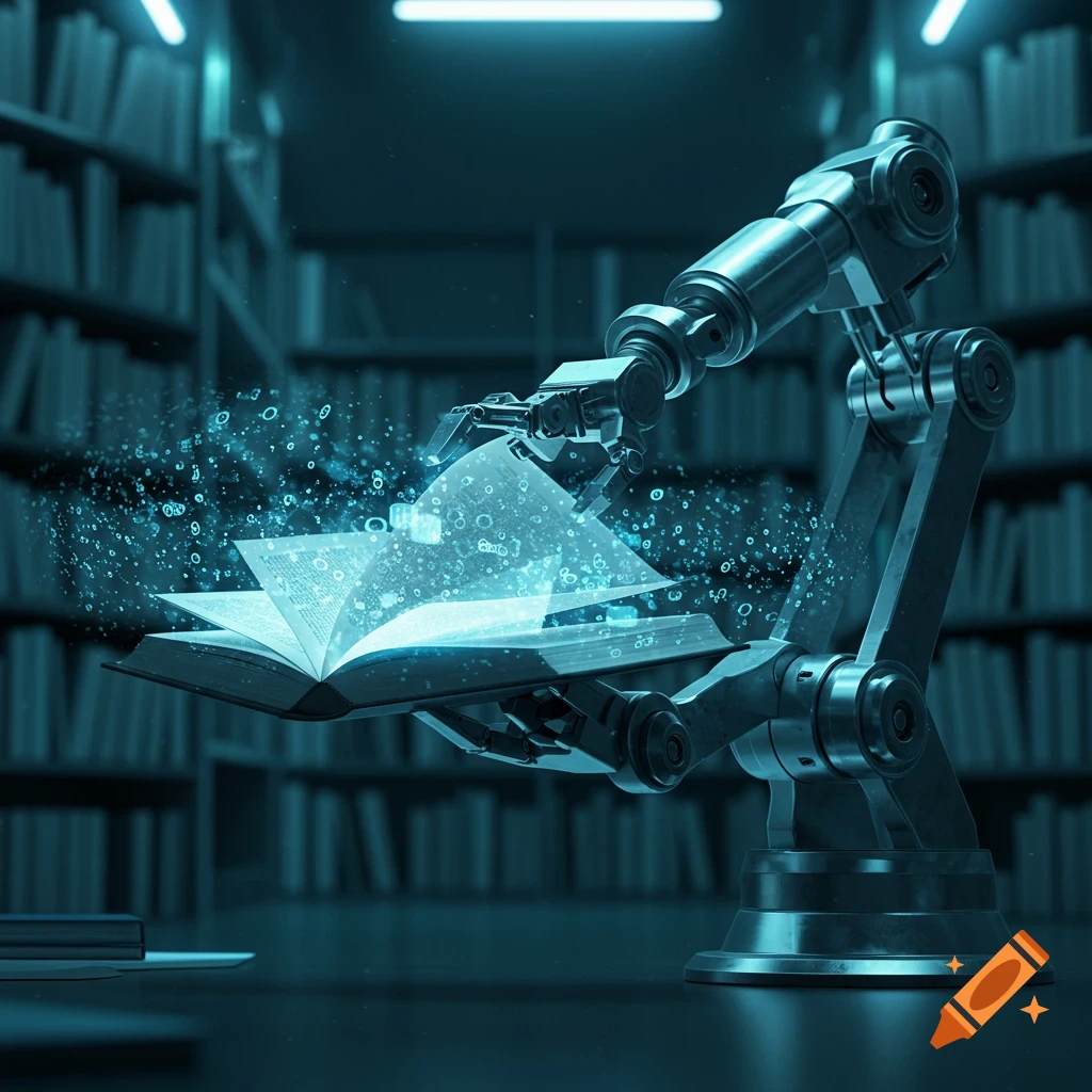 A robotic arm opens a glowing book in a dimly lit library with shelves of books.