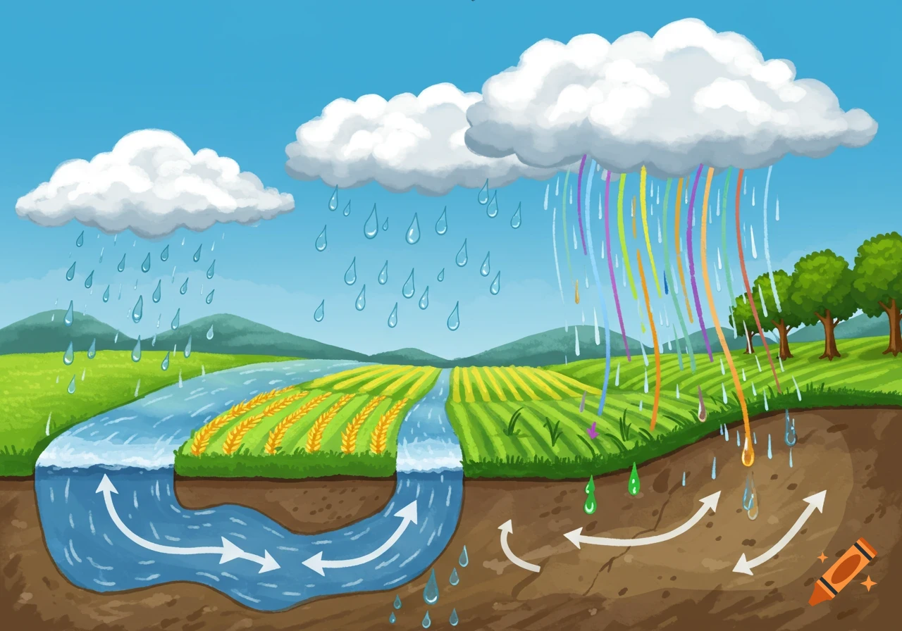 Colorful cartoon illustration of the water cycle, showing clouds raining, rainbow rain, a river, cultivated fields, and water infiltrating the soil.