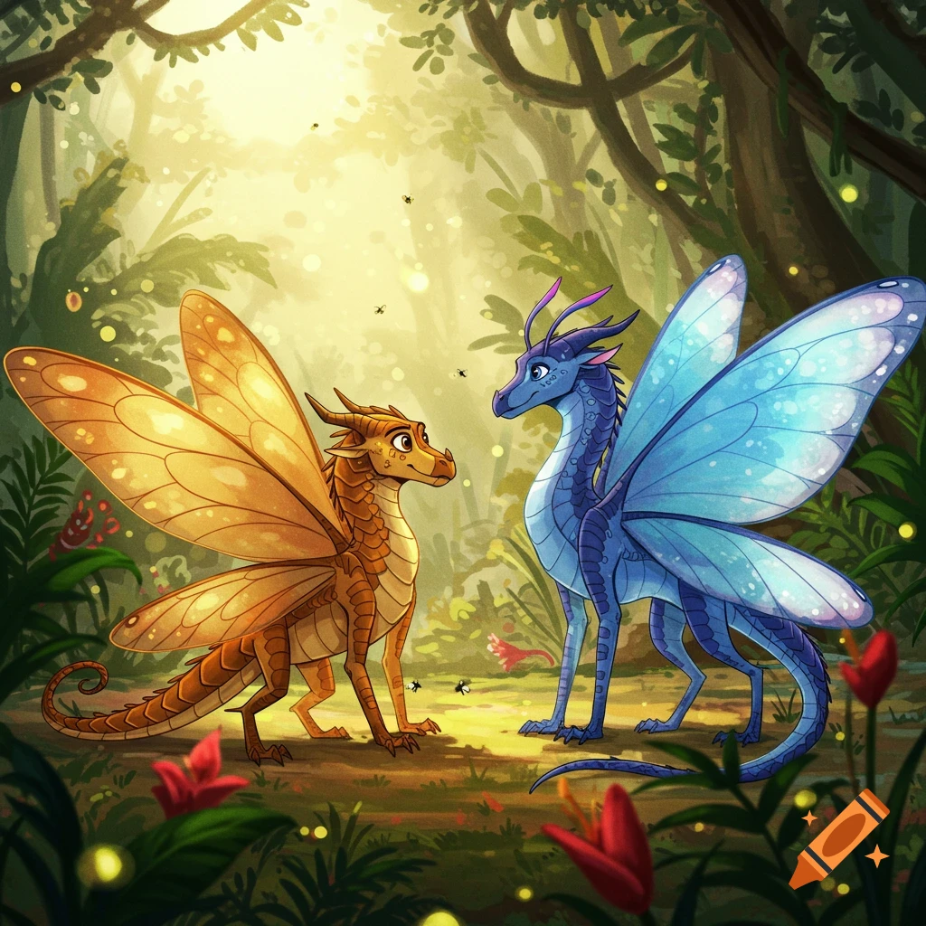 Two cartoon winged dragons, one orange and one blue, stand facing each other in a vibrant, sunlit forest.