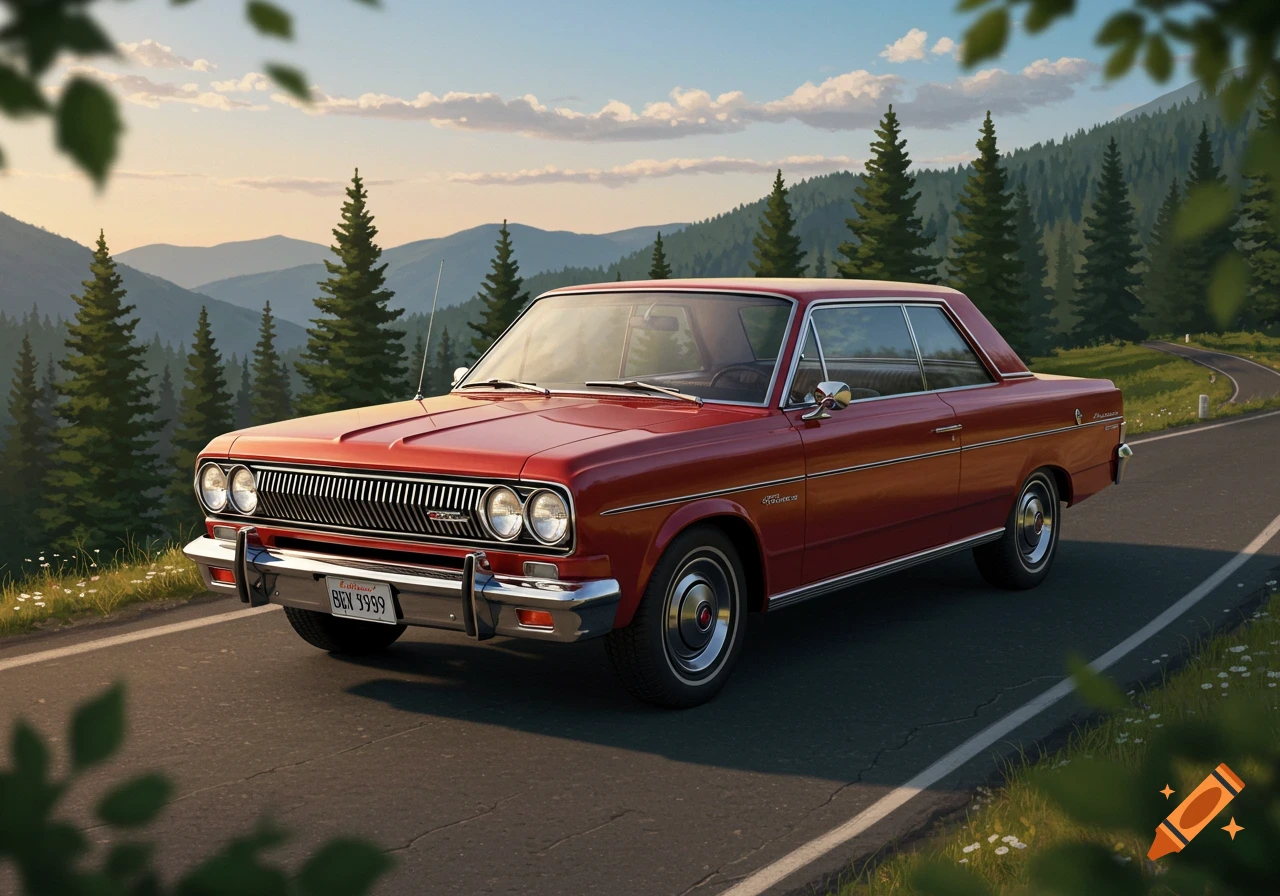A photorealistic image of a red classic AMC Rambler car on a winding mountain road, surrounded by pine trees and distant mountains under a cloudy sky.