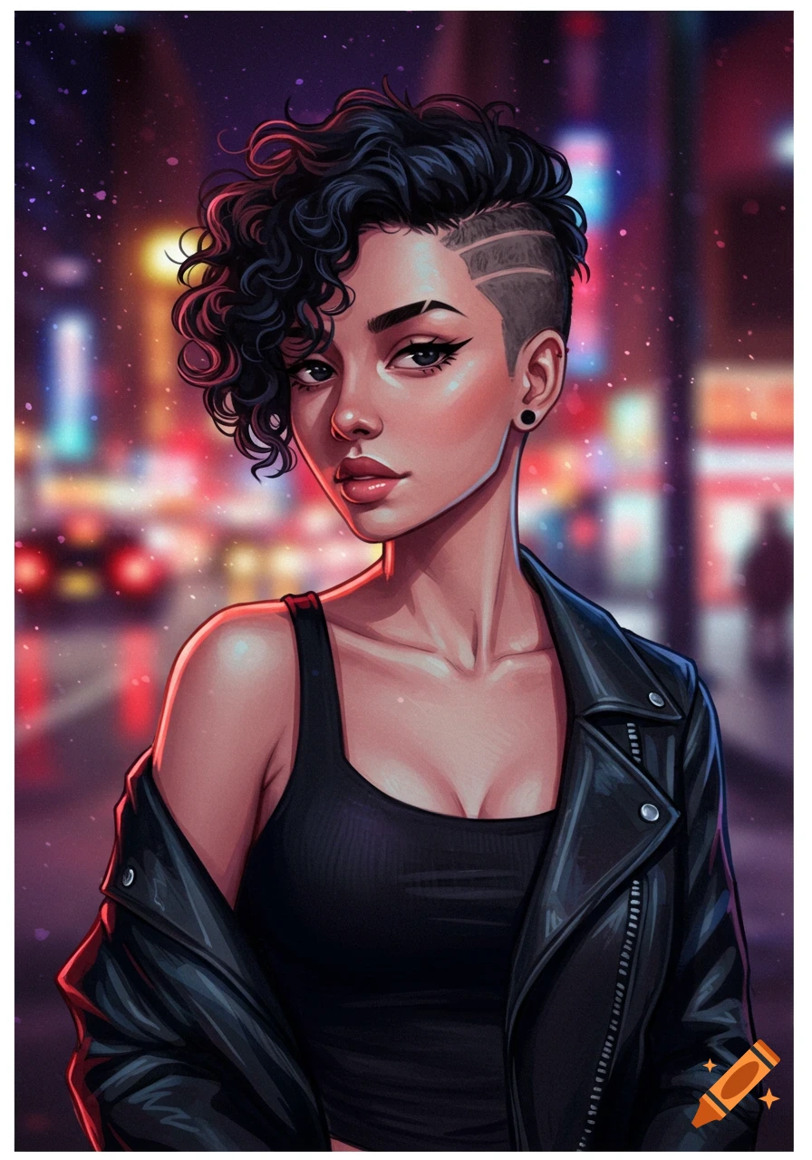 Semi-realistic anime portrait of a woman with short curly black hair, undercut, black tank top, and leather jacket, against a blurry night street.