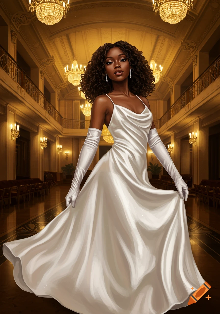A beautiful African American woman in a flowing white satin gown and gloves stands in a grand, chandelier-lit hall.