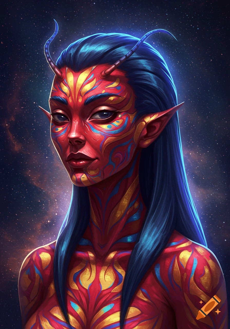 Digital painting of a humanoid alien female with red skin, gold and blue patterns, dark blue hair, and antennae, against a starry background.
