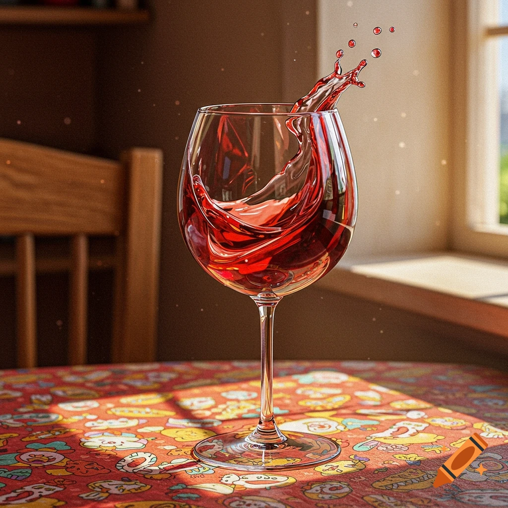 A dynamic shot of red wine splashing out of a glass on a patterned tablecloth by a window.