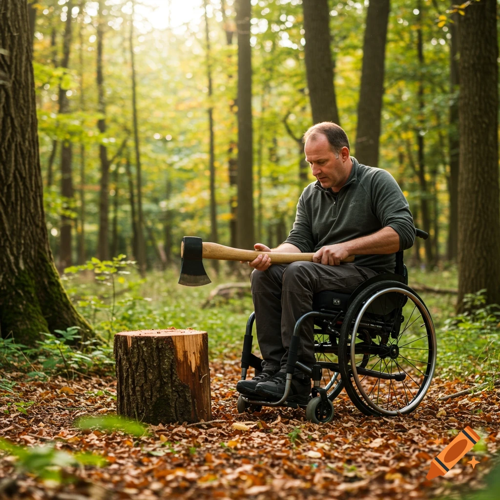 A man in a wheelchair holds an axe, looking down at a tree stump in a sunlit forest filled with autumn leaves.