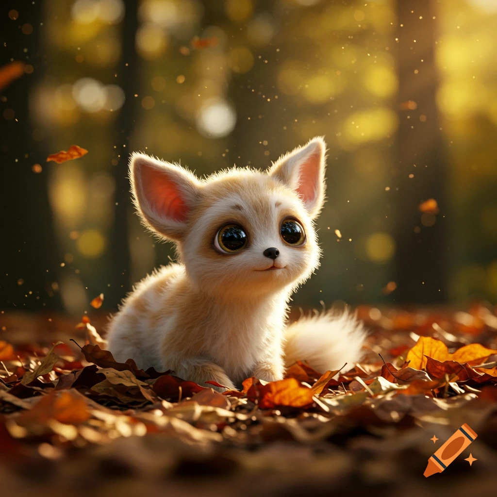 A fluffy, big-eyed, stylized fennec fox-like creature sits among golden autumn leaves in a sunlit forest.