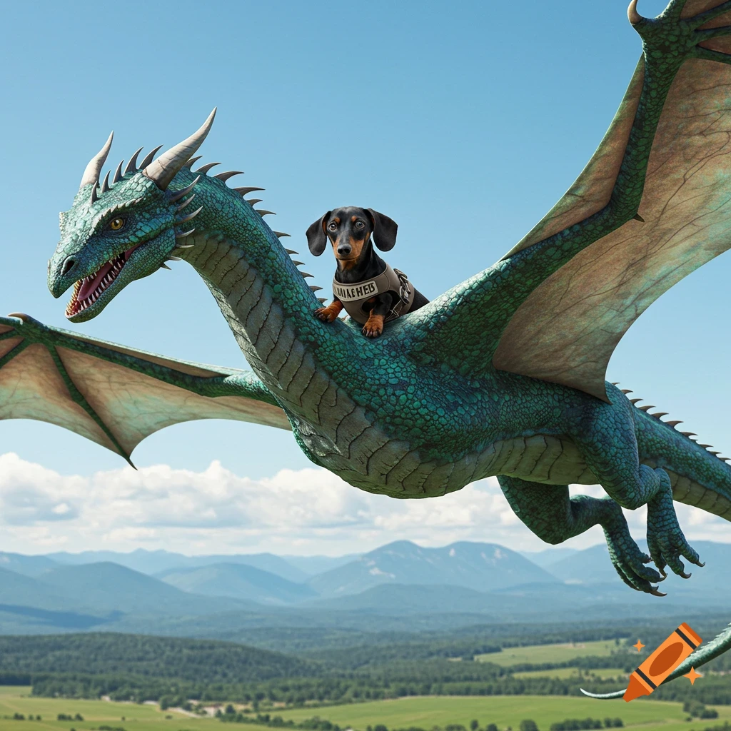 A photorealistic black and tan dachshund rides on the back of a large green dragon flying over a mountain landscape.