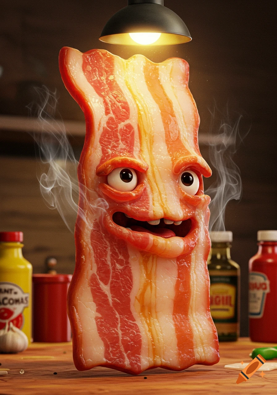A cartoonish, smiling anthropomorphic bacon strip with eyes and a mouth stands on a wooden table, smoking under a lamp with kitchen condiments in the background.