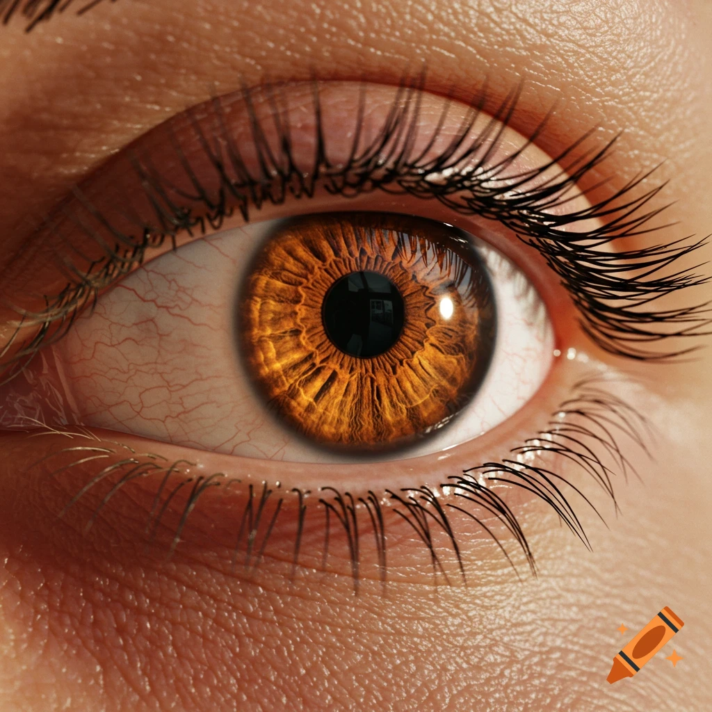 A highly detailed, photorealistic close-up of an amber human eye with long lashes and visible blood vessels.