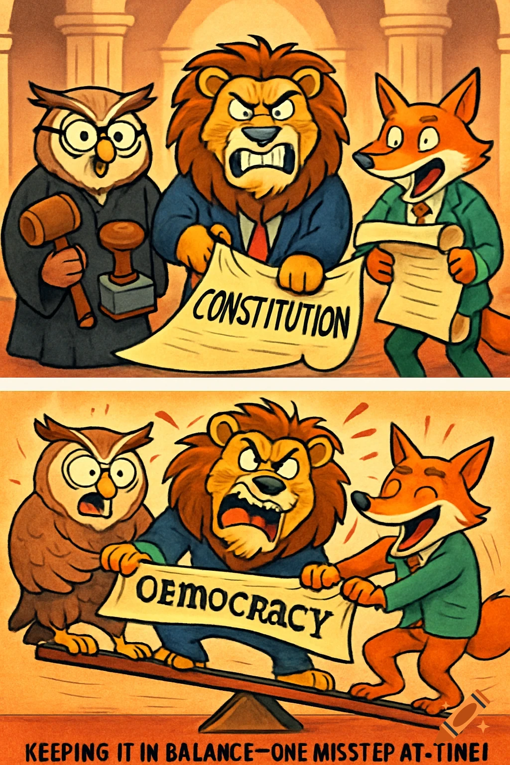 A two-panel cartoon features an owl, a lion, and a fox representing political powers. They hold banners reading 'CONSTITUTION' and 'DEMOCRACY' while balancing on a seesaw with text 'KEEPING IT IN BALANCE—ONE MISSTEP AT-TINEI!'
