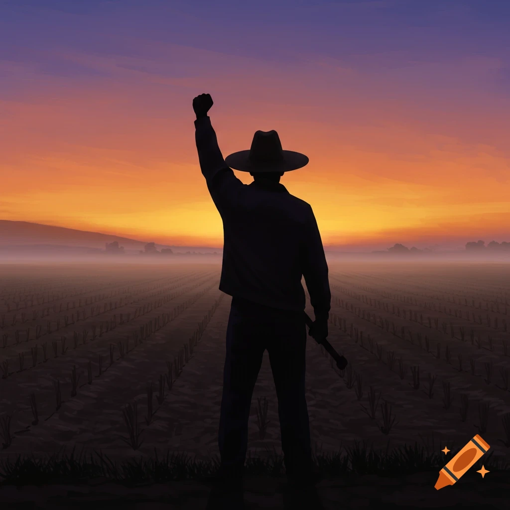 Silhouette of a person in a field raising a fist against an orange and purple sunrise.