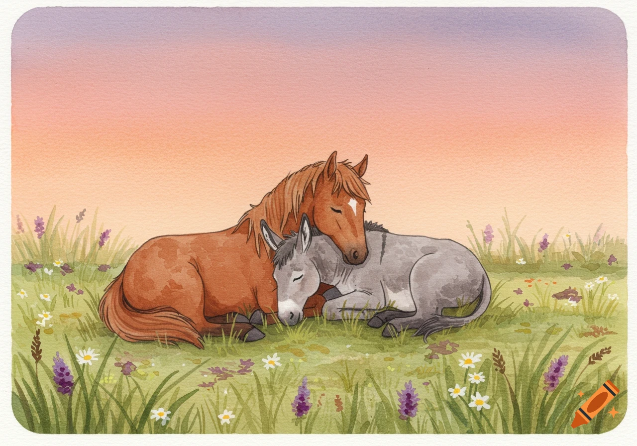 A watercolor illustration of a brown horse and a grey donkey hugging and sleeping in a green field at sunset.