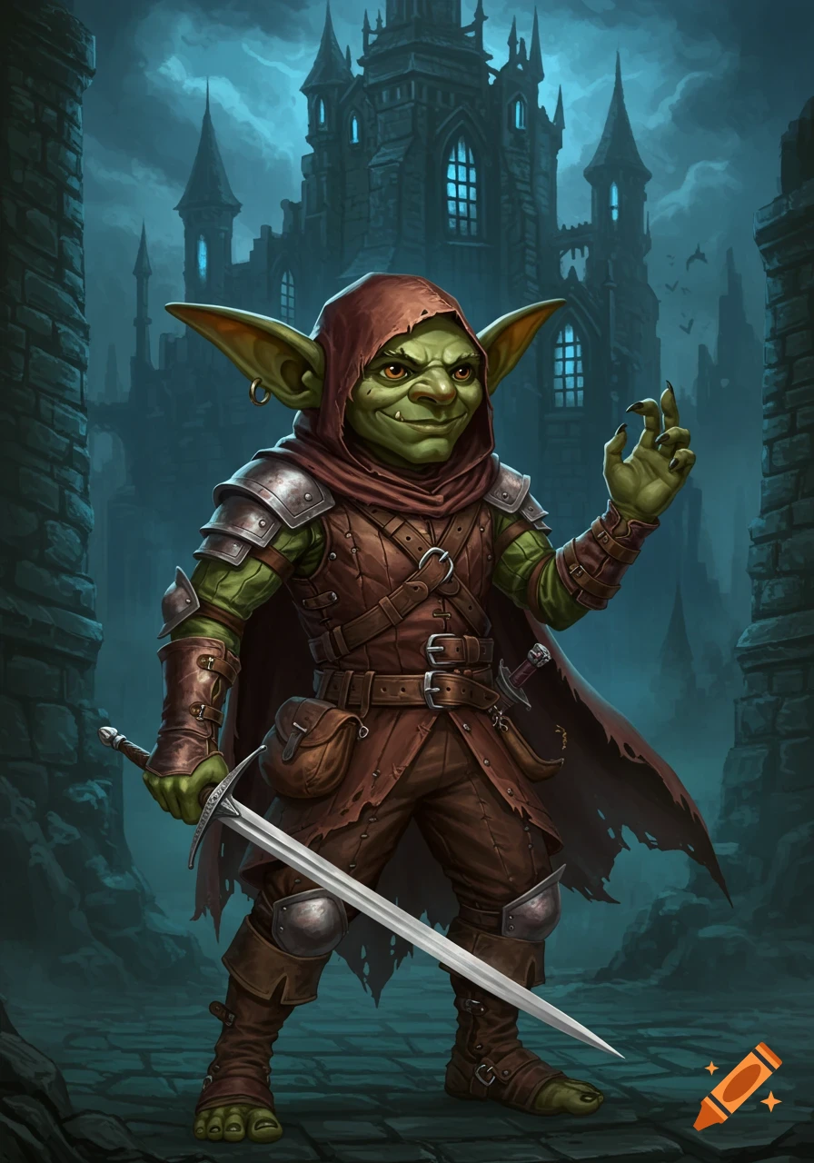 A green-skinned goblin rogue in tattered leather armor holds a rapier, gesturing with its other hand in front of a dark, eerie castle with blue glowing windows.
