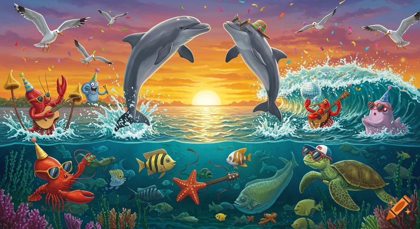A vibrant cartoon scene of sea creatures having a party at sunset, with dolphins jumping, lobsters playing guitars, and an octopus dancing with a disco ball.