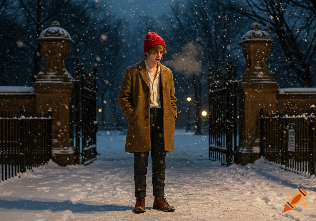 A young man in a red hat and tan coat stands in a snowy park entrance at night, with snow falling around him.