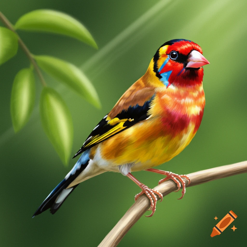 A colorful finch with a red and blue lightning bolt on its face perches on a branch against a blurred green background.
