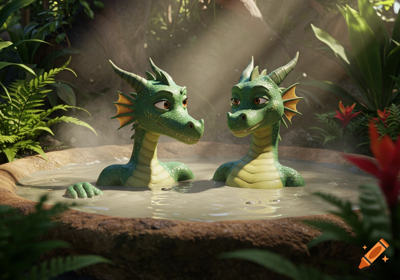 Two green cartoon dragons with orange fins relaxing in a steamy mud hot tub amidst lush jungle foliage.