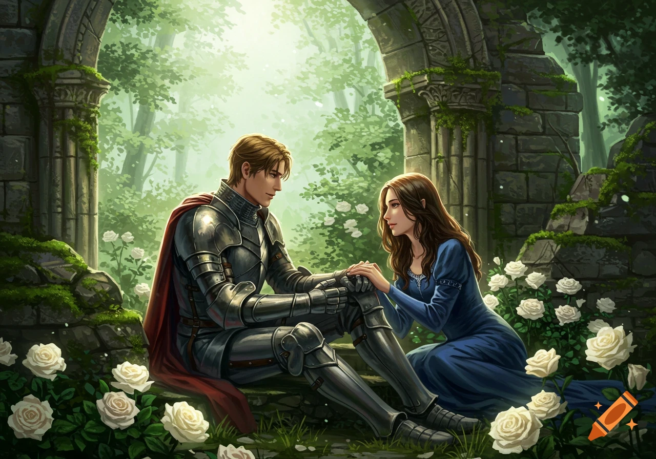 A knight in armor and a princess in a blue dress hold hands in a romantic moment amidst mossy ruins and white roses in a forest.