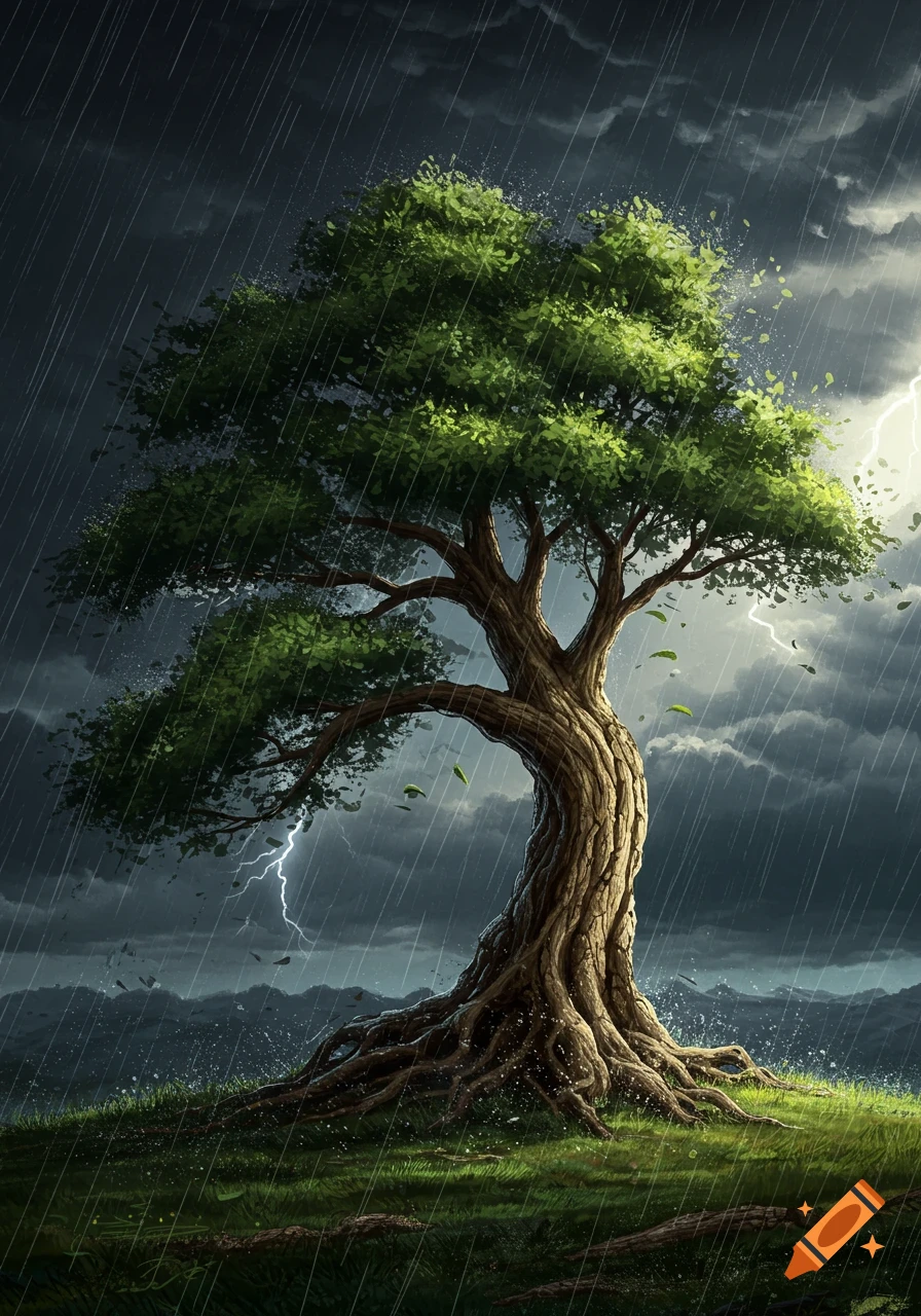A strong, gnarled tree on a grassy hill, braving a heavy rainstorm with lightning in a dark, cloudy sky.