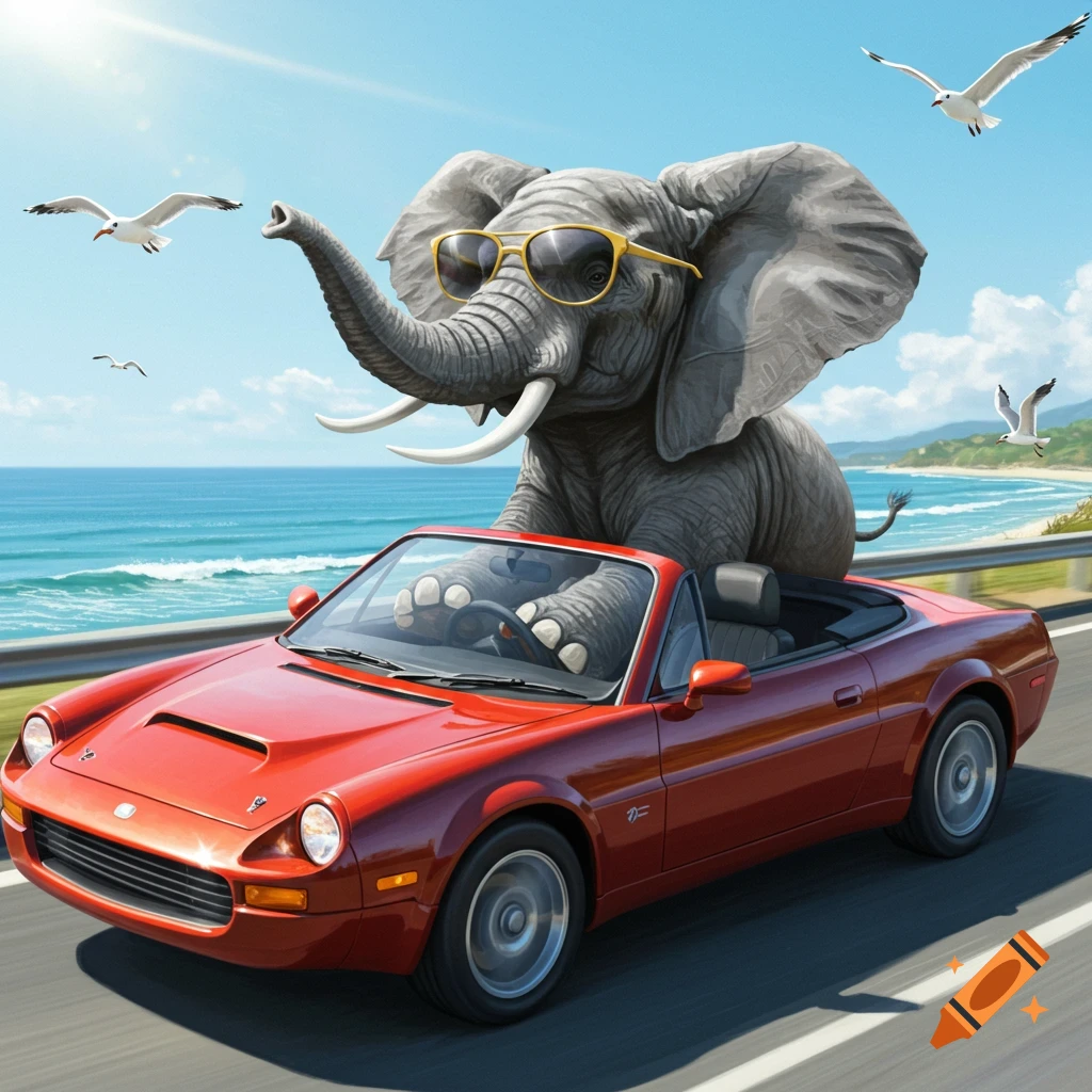 A large elephant in sunglasses drives a red convertible sports car along a scenic coastal road with seagulls flying above.