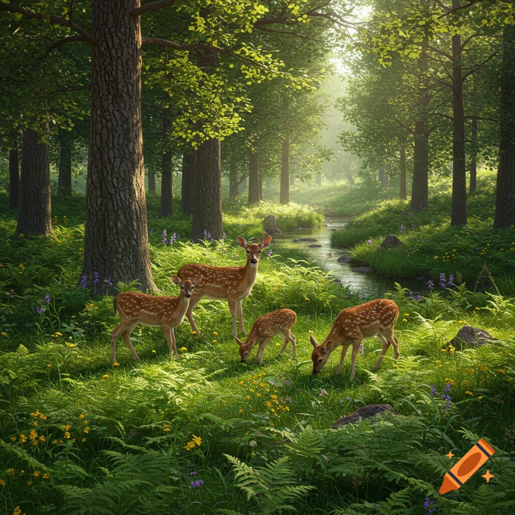 A family of deer, including fawns, graze in a lush, sunlit temperate forest beside a winding stream in a photorealistic style.