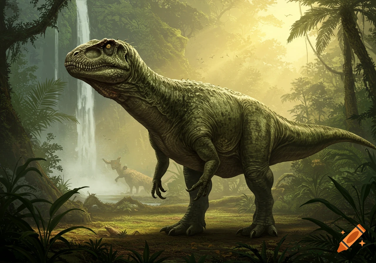 A large green dinosaur stands in a lush, misty jungle with a waterfall and a smaller dinosaur in the background.
