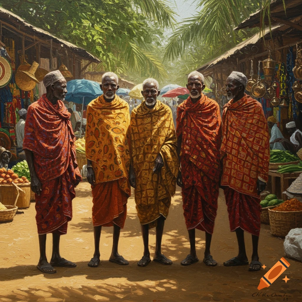 Five elderly African men in colorful traditional robes stand in a bustling, sunlit market street, painted in an impasto style.