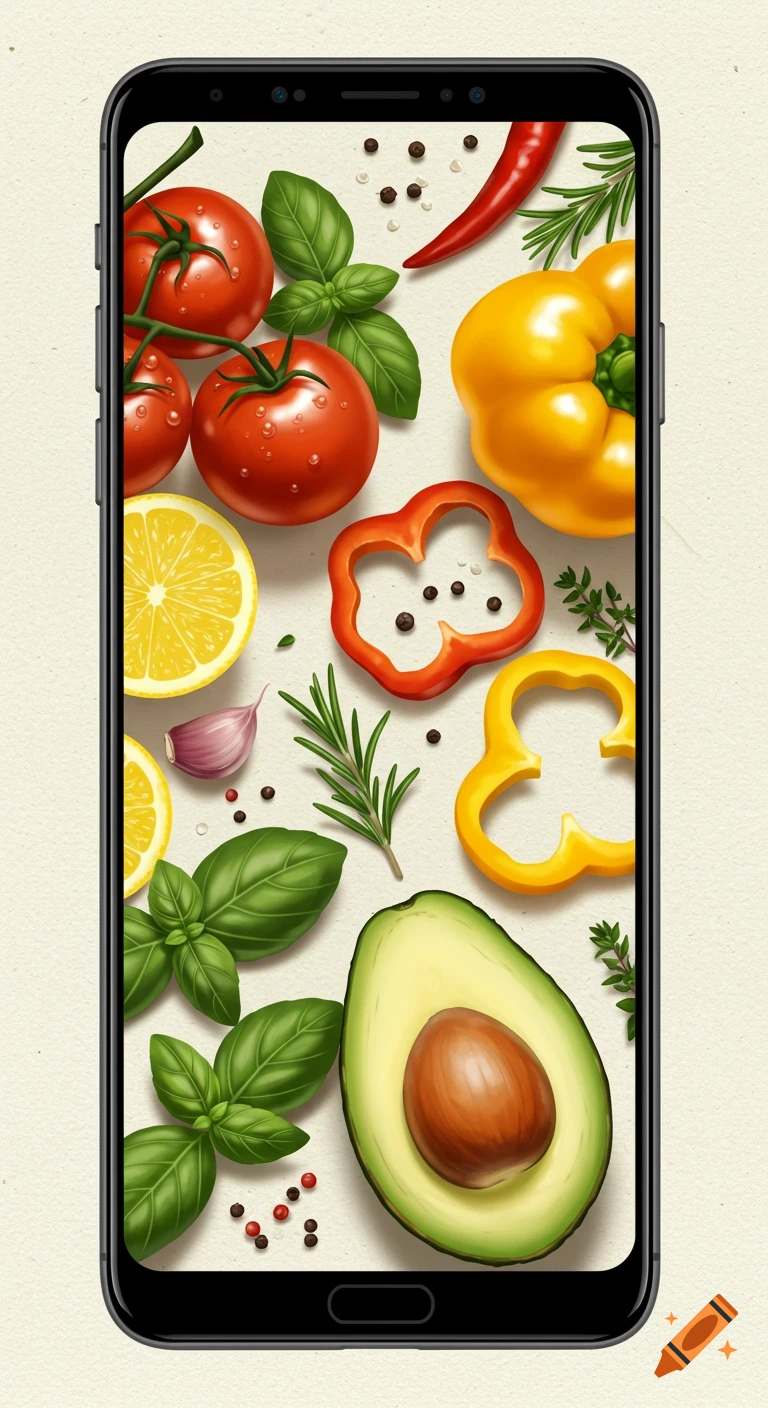 Various fresh ingredients like tomatoes, bell peppers, lemon, avocado, and herbs displayed on a smartphone screen.