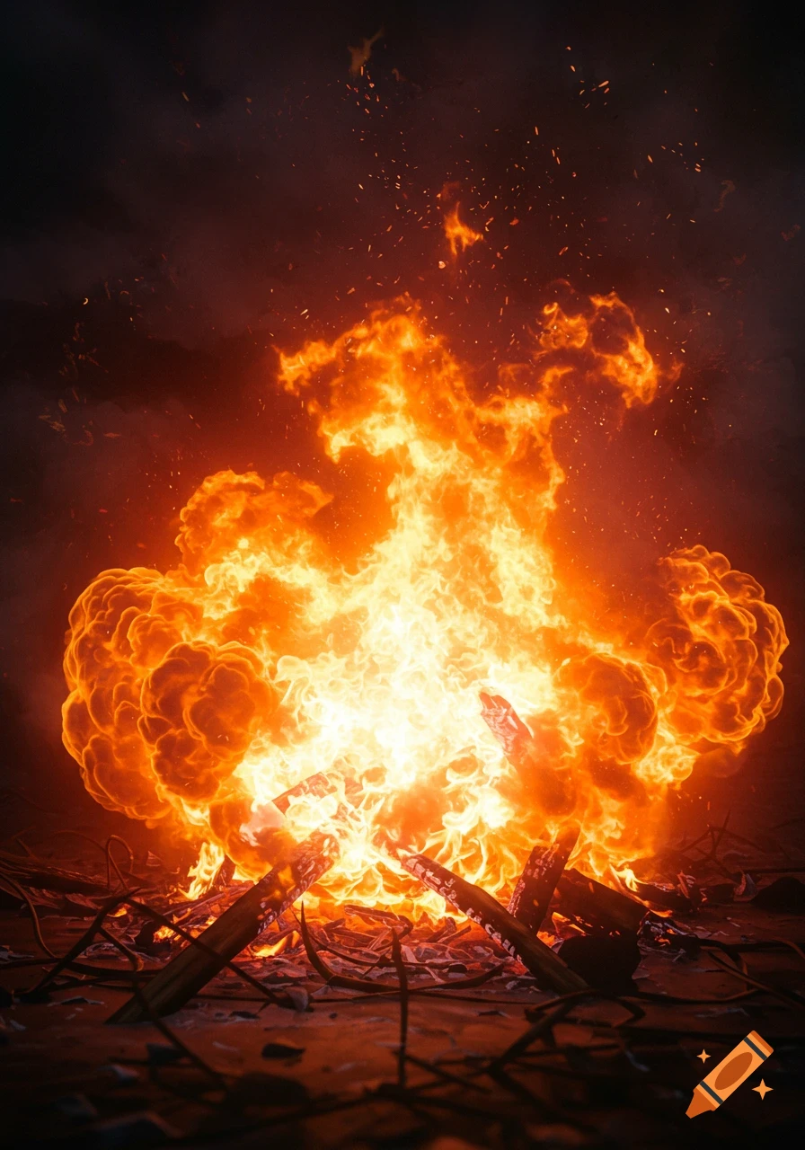 An intense, bright orange and yellow fire burns fiercely, with flames, smoke, and embers rising against a dark background.