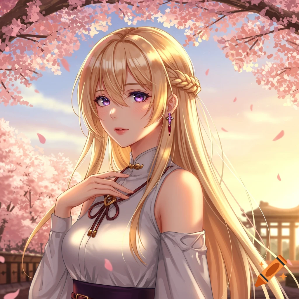 Anime girl with long blonde hair and purple eyes in a white dress, standing under pink cherry blossoms at sunset.