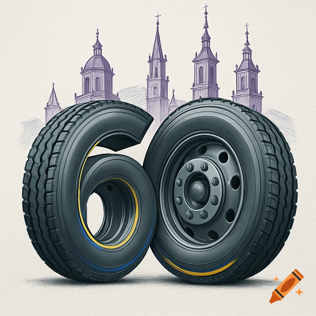Two truck tires form the number '60', with blue and yellow accents. A sketch of historic European church towers is in the background.