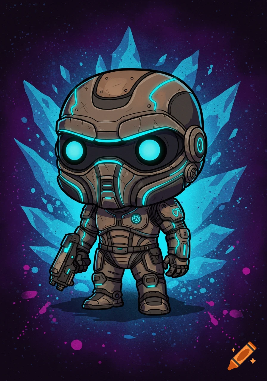 A Funko Pop style cartoon Isaac Clarke in futuristic brown armor with glowing blue accents, holding a weapon.