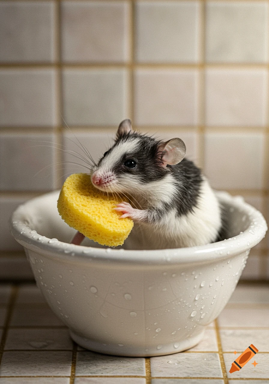 A photorealistic white and black mouse sits in a white bowl, holding a yellow sponge, against a tiled background.